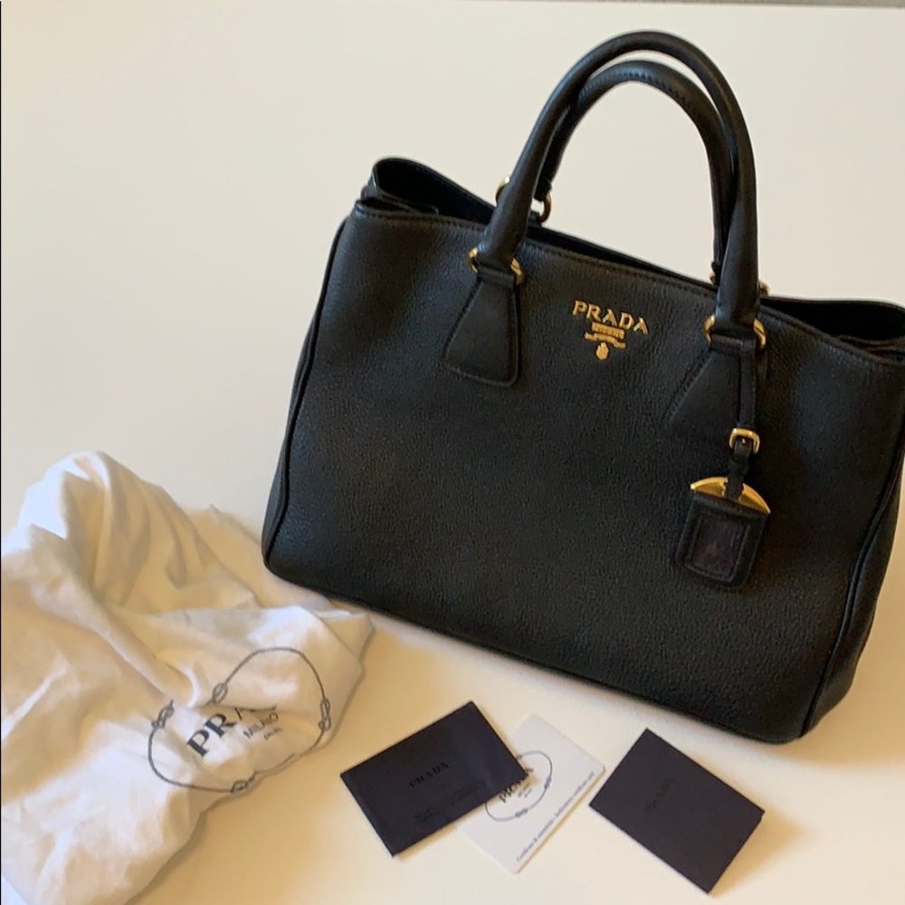 Galleria Bag Black Pebbled with Gold Hardware.